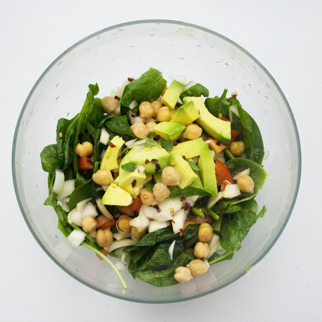 salad -Mix cooked beans - chickpeas - leafy green vegetables - healthy food